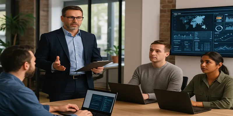 CISO geeft leiding aan cybersecurity team in moderne kantooromgeving