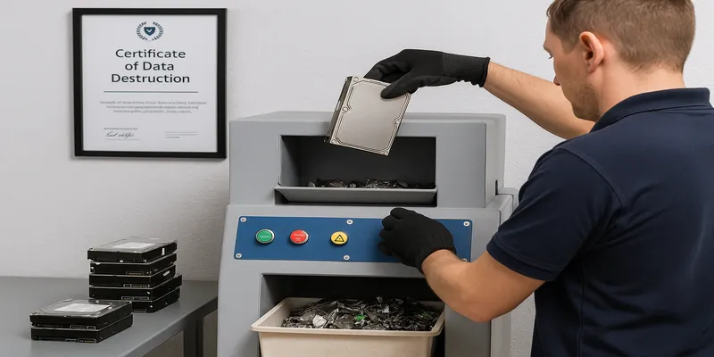 Technicus vernietigt harde schijf in gecertificeerde shredder