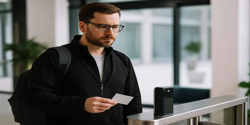Bezoeker scant toegangspas bij badge reader tijdens mystery guest controle