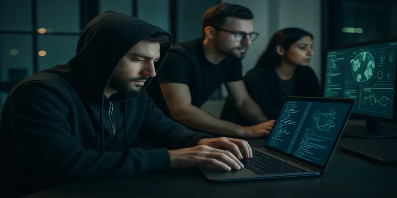 Cybersecurity expert voert penetratietest uit op laptop met beveiligingsdashboard